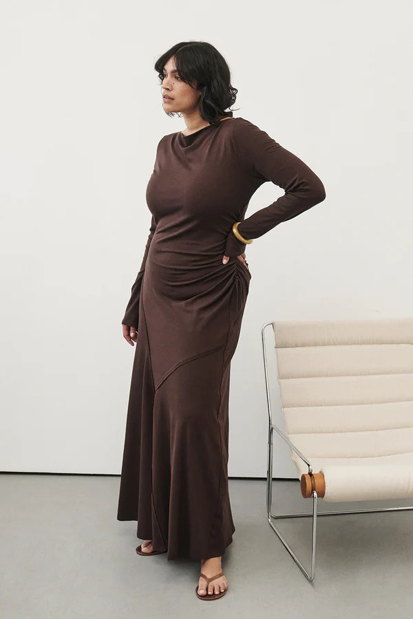 HADLEY CHOC LONG SLEEVE KNIT MAXI DRESS | DISSH