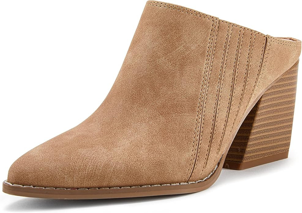 Womens Backless Chunky Mules Shoes Slip On Pointed Toe Stacked Heel Western Boots | Amazon (US)