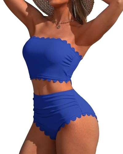 Amazon.com: Charmo Strapless High Waisted Bikini Sets for Women Tummy Control Scallop Bandeau Swi... | Amazon (US)