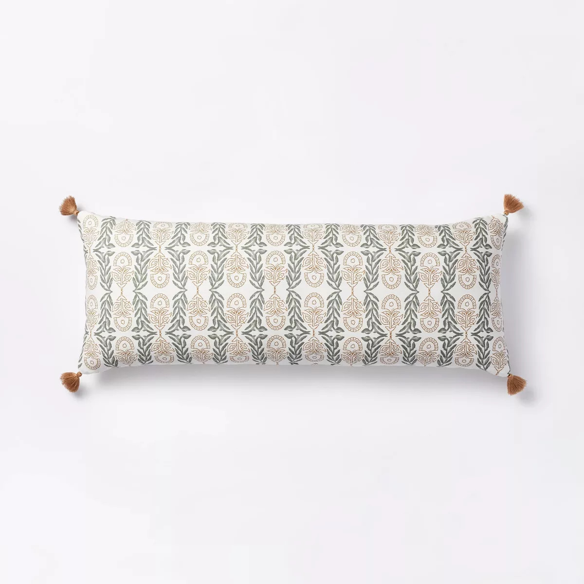 Oversized Oblong Watercolor Wood Block with Tassels Decorative Throw Pillow Camel/Light Teal - Th... | Target