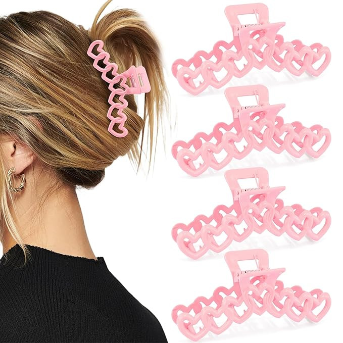 4Pcs Pink Heart Hair Claw Clips for Women Valentine’s Day Gifts, Cute Pink Clips for Thick Thin... | Amazon (US)