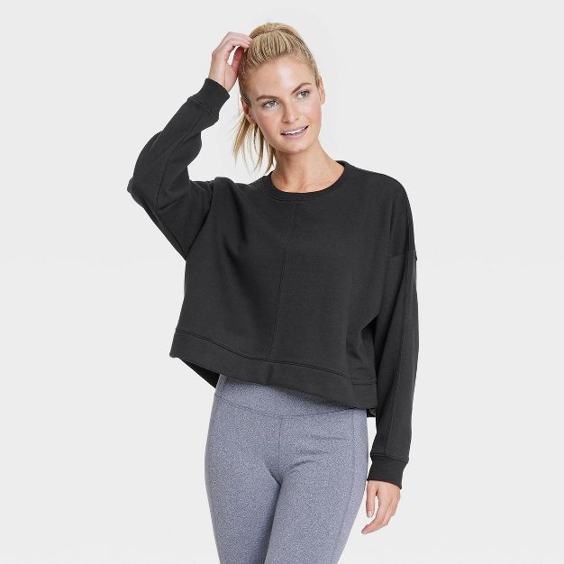 Women&#39;s Cotton Fleece Crewneck Cropped Sweatshirt - All in Motion&#8482; Black XS | Target