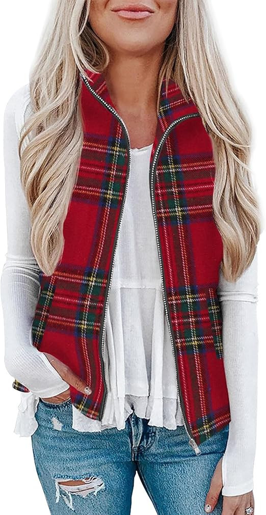 Rapbin Women's Plaid Outerwear Vests Tops Zip Up Collared Sleeveless Jacket with Pockects | Amazon (US)