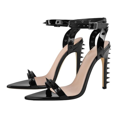 richealnini Gothic Black Strappy Stiletto with Eyelets and Rivets Sandal Goth Dresses Sexy Pointed Toe Stilettos Studded Rivets Heels for Women Men Dance Club Date Wedding Shoes Size 8 | Amazon (US)