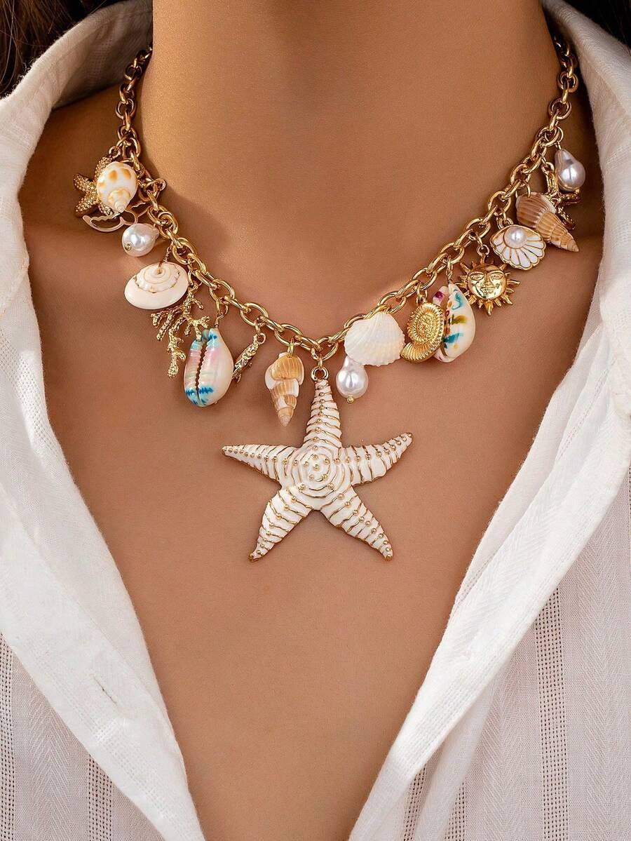 1pc Summer Ocean Element Charm Necklace, Seashell Starfish Sunshine Pendant Necklace, Marine Life... | SHEIN
