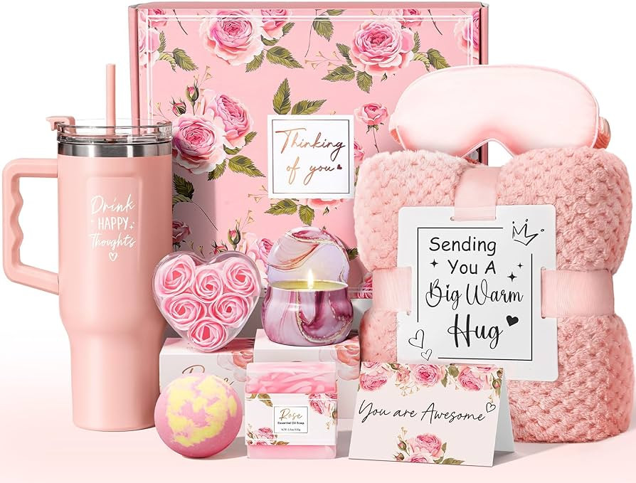 Birthday Gifts for Women Self Care Gifts Get Well Soon Gifts, Rose Relaxing Spa Gifts Basket Care Package w/ Luxury Flannel Blanket 40 oz Tumbler, Christmas Gifts Idea for Mom Her Friends Sister Wife | Amazon (US)