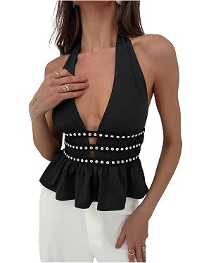 MakeMeChic Women's Halter Going Out Tops Y2k Punk Ruffle Hem Sleeveless Tank Party Clubwear | Amazon (US)