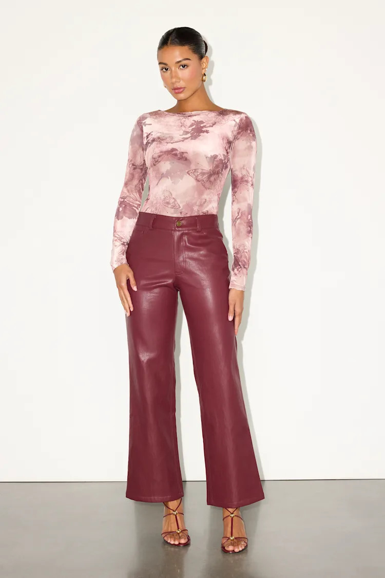 Zyren Burgundy Vegan Leather Mid-Rise Straight Leg Pants | Lulus