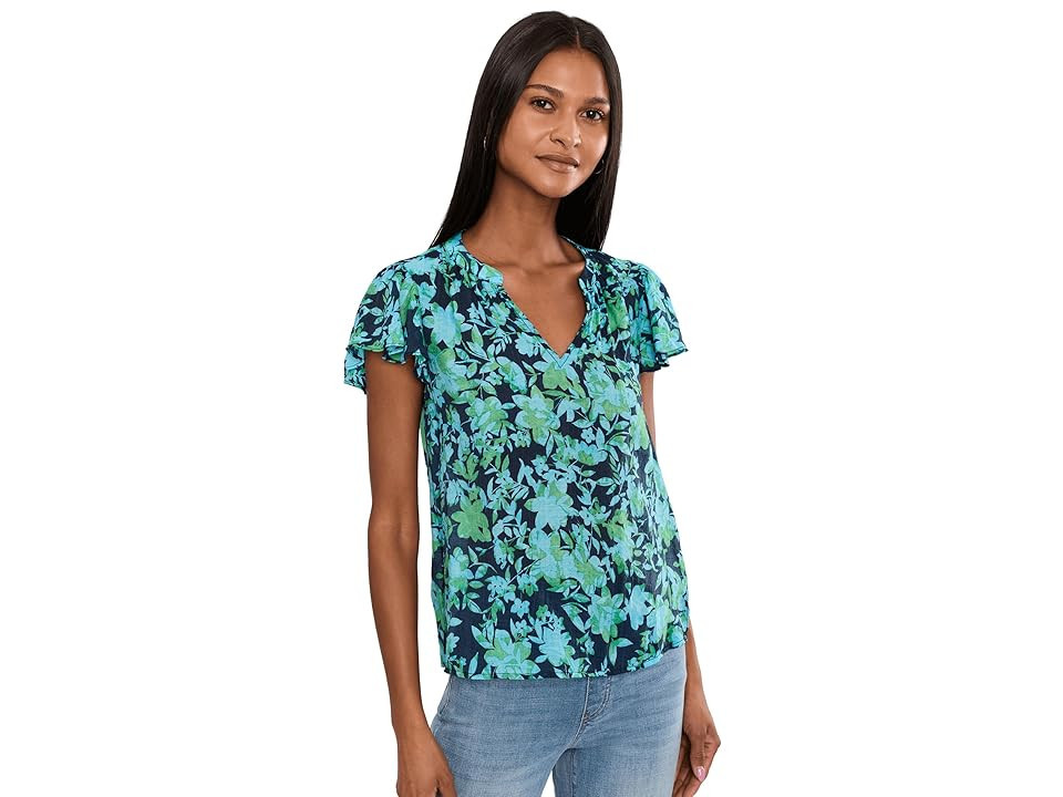 CeCe Floral Shirred Flutter Sleeve Top Women's Clothing Classic Navy: XS | Zappos.com