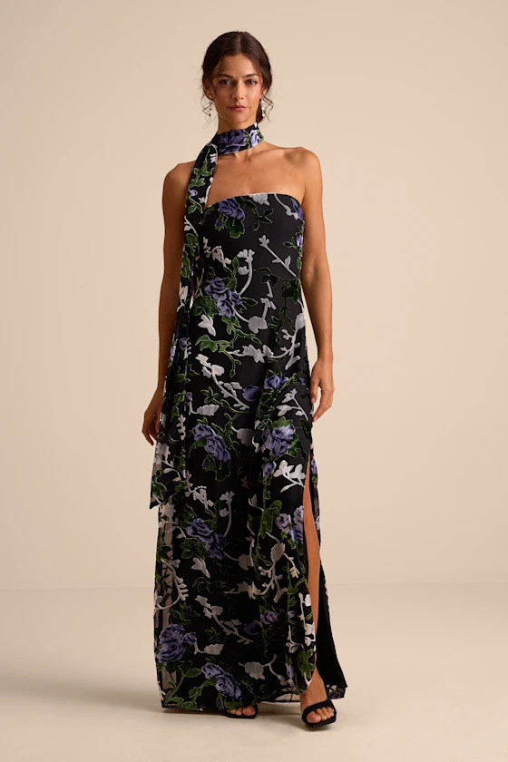 Corelia Black Floral Velvet Burnout Strapless Sash Maxi Dress | Lulus