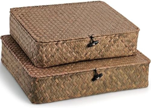 Elsjoy 2 Pack Flat Seagrass Storage Bins with Lid, Wicker Woven Storage Basket Set, Rattan Organi... | Amazon (US)