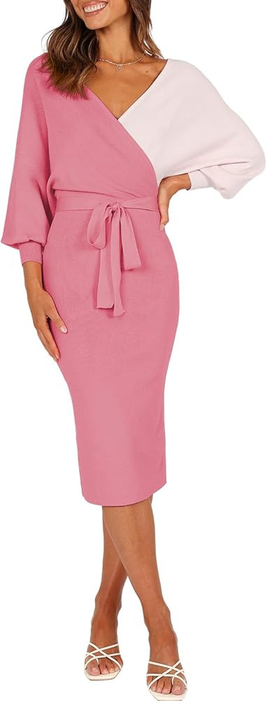 Theenkoln Womens Wrap Sweater Dress: Contrast Color Long Batwing Sleeve V Neck Bodycon Knit Winte... | Amazon (US)