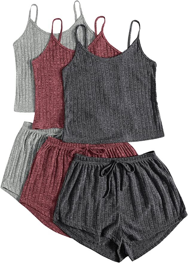 SheIn Women's 3 Sets Rib Knit Lounge Set Crop Cami Top and Tie Front Shorts Sleepwear Pajama Set | Amazon (US)