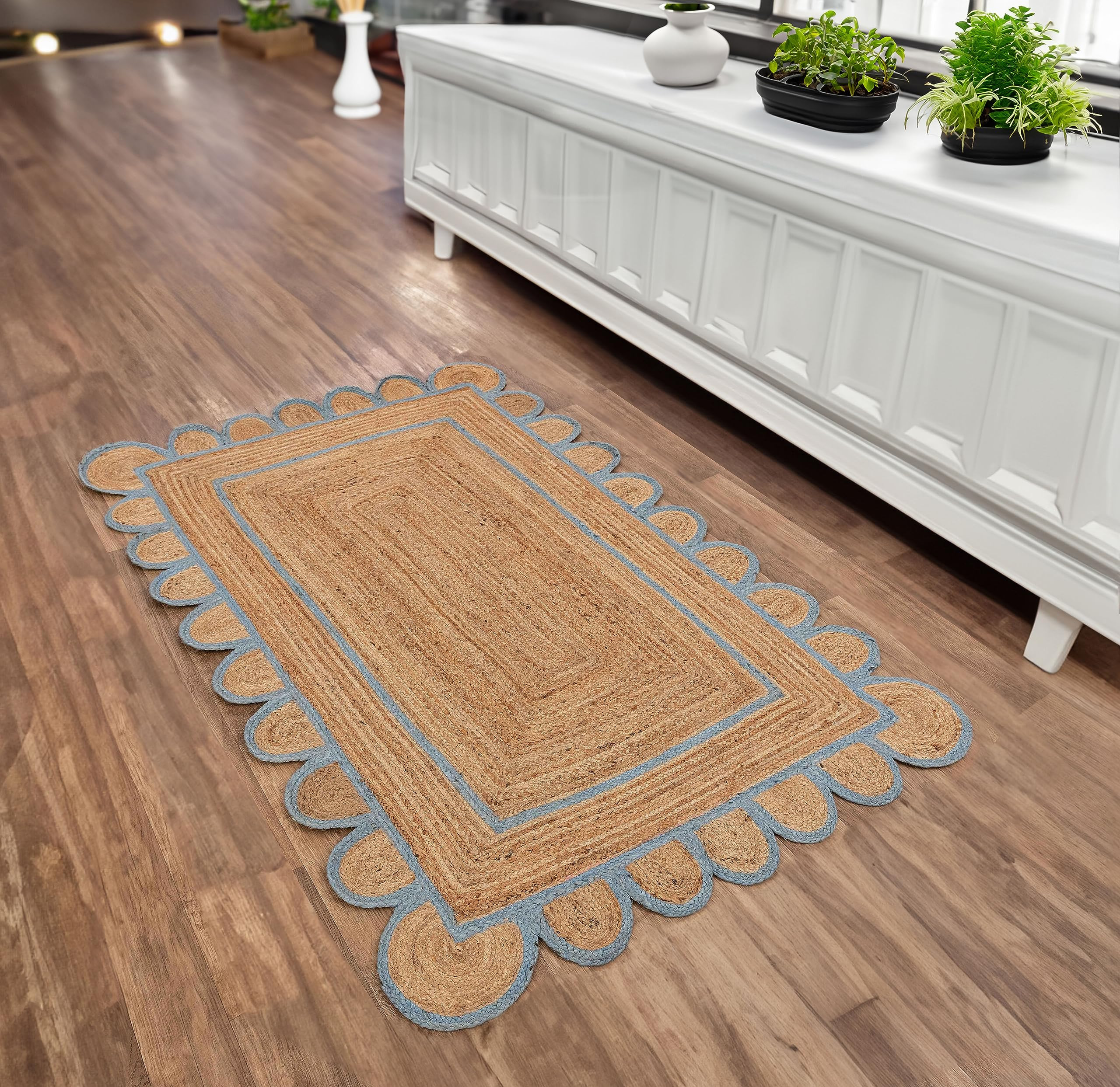 Scalloped Jute Rug 5x7- Natural Boho Bath Mat 2x3- Jute Runner Rug for Kitchen 2.6x6 ft- Seagrass Ju | Amazon (US)