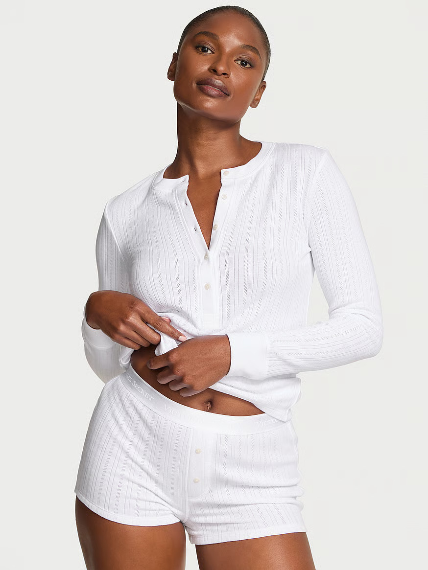 Buy Cozy Pointelle Henley Short Pajama Set, Angel Pink W Mistletoe Graphic - Order Pajamas Sets o... | Victoria's Secret (US / CA )