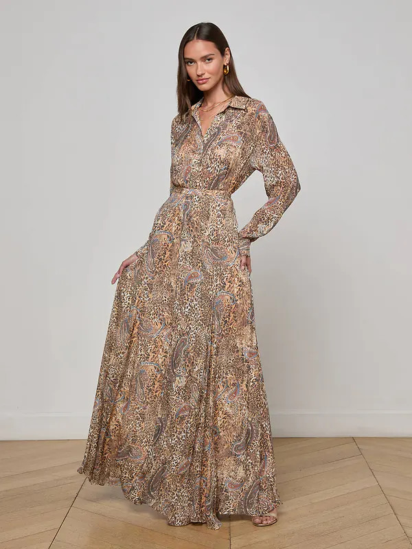 Patricia Maxi Skirt in Brown/Blue Valencia Leopard | L'AGENCE | L'Agence