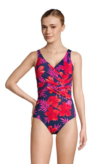 Women's Slender Tummy Control Chlorine Resistant V-neck Wrap One Piece Swimsuit Print | Lands' End (US)