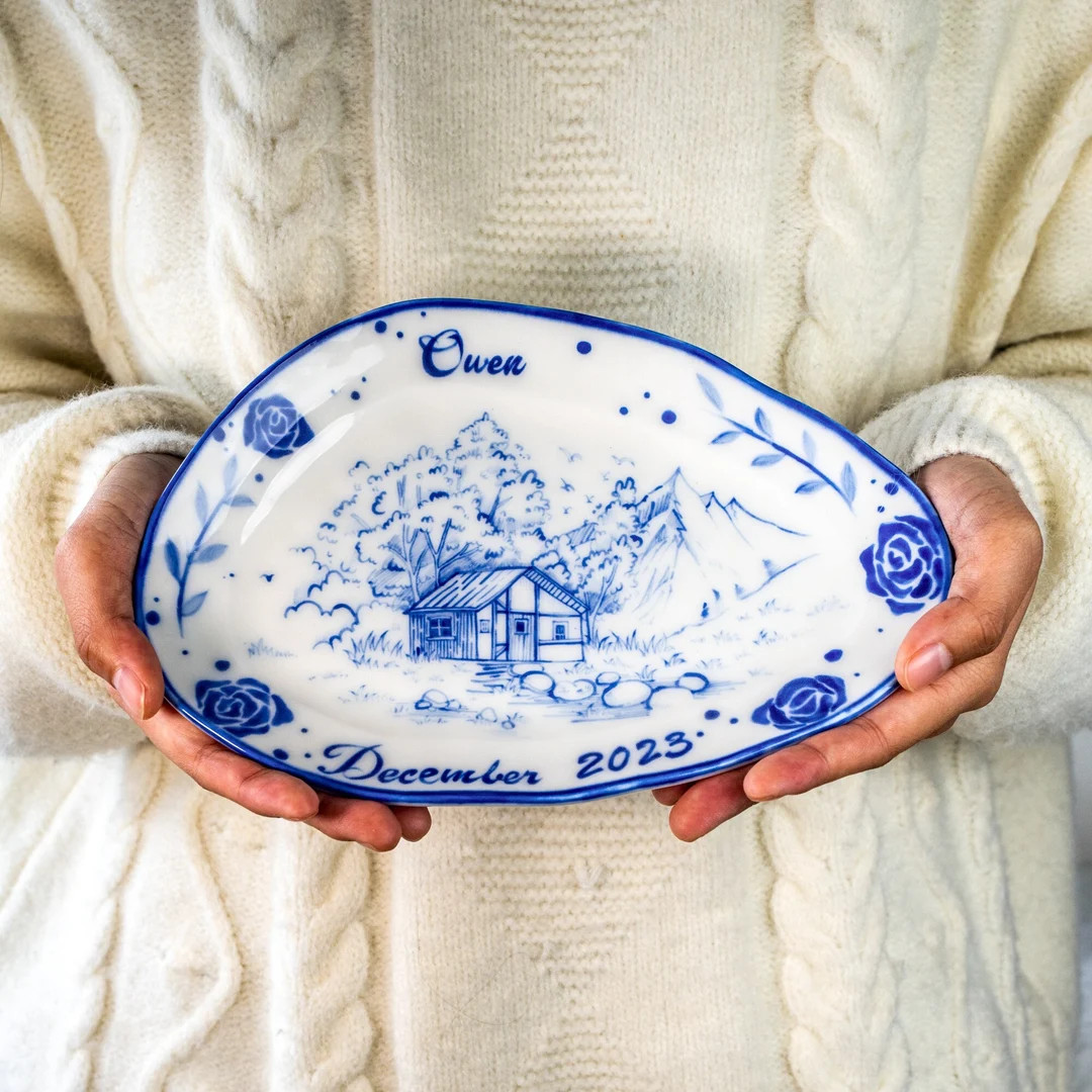 Custom Home Portrait Plate Personalized Name Blue&red Dish Special Date Ceramic Pasta Bowl Cottag... | Etsy (US)