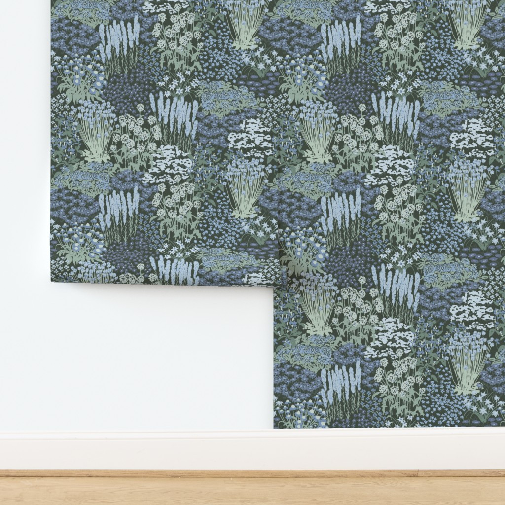 Garden-Bloom Floral Jumbo Large -Dark Green Blue Hufton-Studio Wallpaper | Spoonflower | Spoonflower