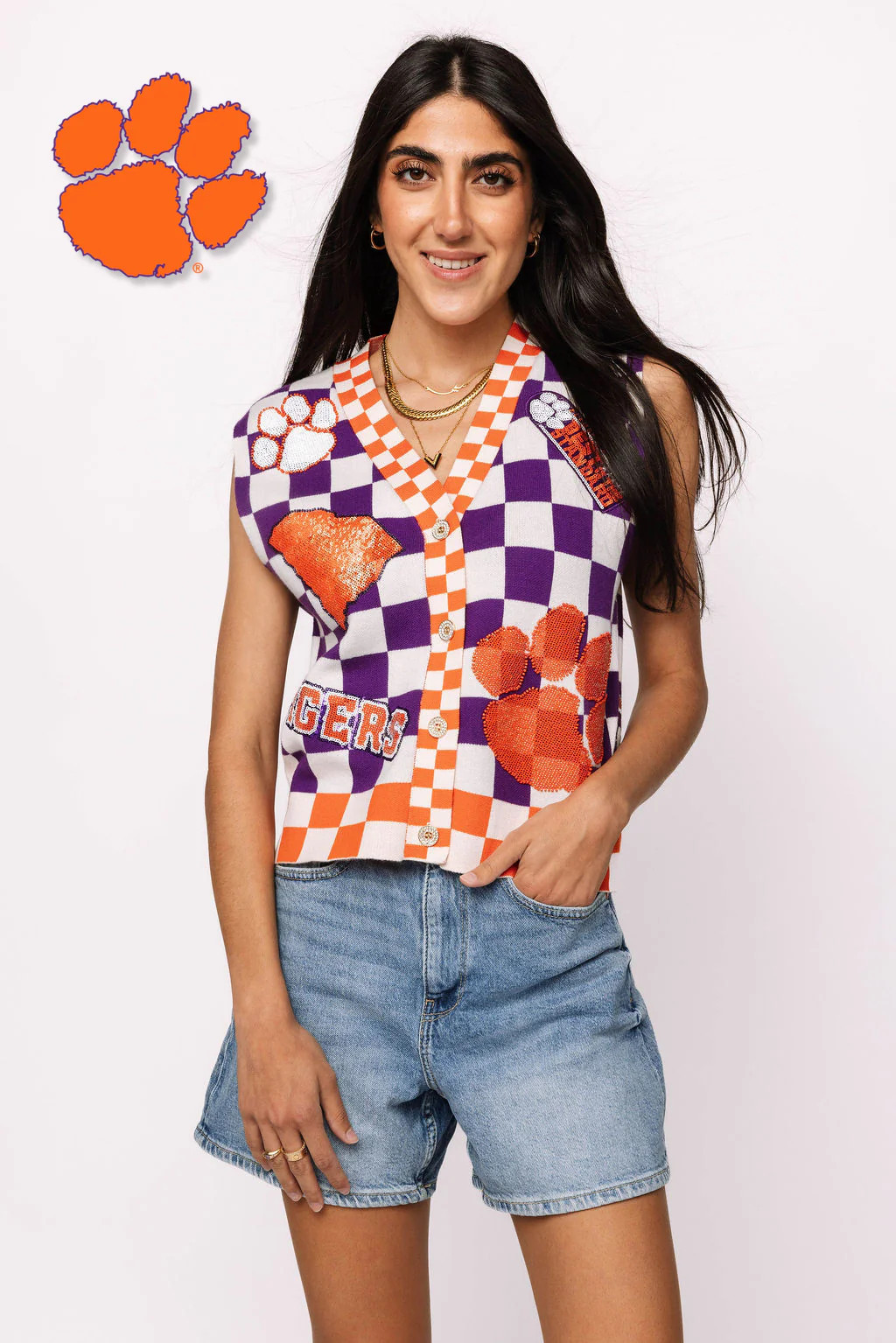 Licensed Clemson Checkered Team Icons Button Up Vest | Queen of Sparkles