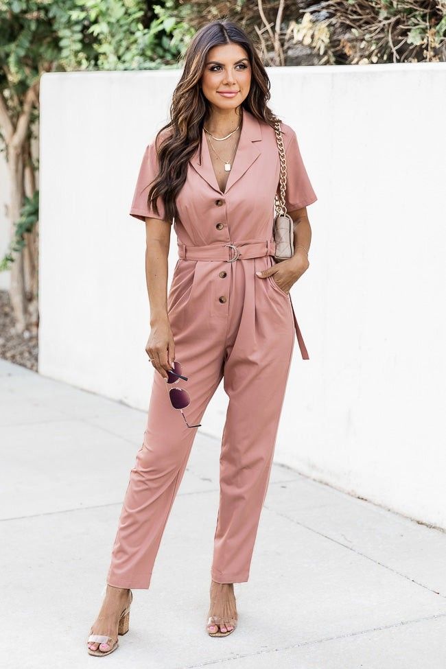 Better Than Basic Terracotta Collared Button Front Jumpsuit | Pink Lily