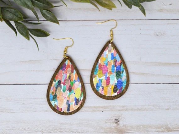 Leather and Wood Earrings  Mexican Confetti Rainbow Colored | Etsy | Etsy (US)
