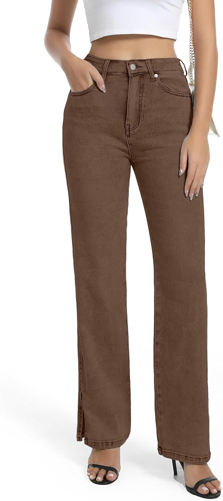 Womens Jeans High Waisted Stretchy Straight Leg Split Hem Jeans for Women Trendy Classic Denim | Amazon (US)