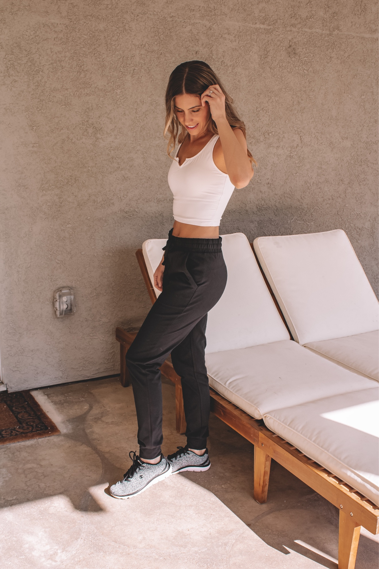 Workout outfit - white tank, black joggers and running shoes.

www.livingbarelyblonde.com

#activewear #workoutwear #wootd #errandsoutfit # workout outfit #treasures #tori #daniaus #barelyblonde #stylewithjen #jenniferxerin

#LTKFitness #LTKunder100 #LTKFind