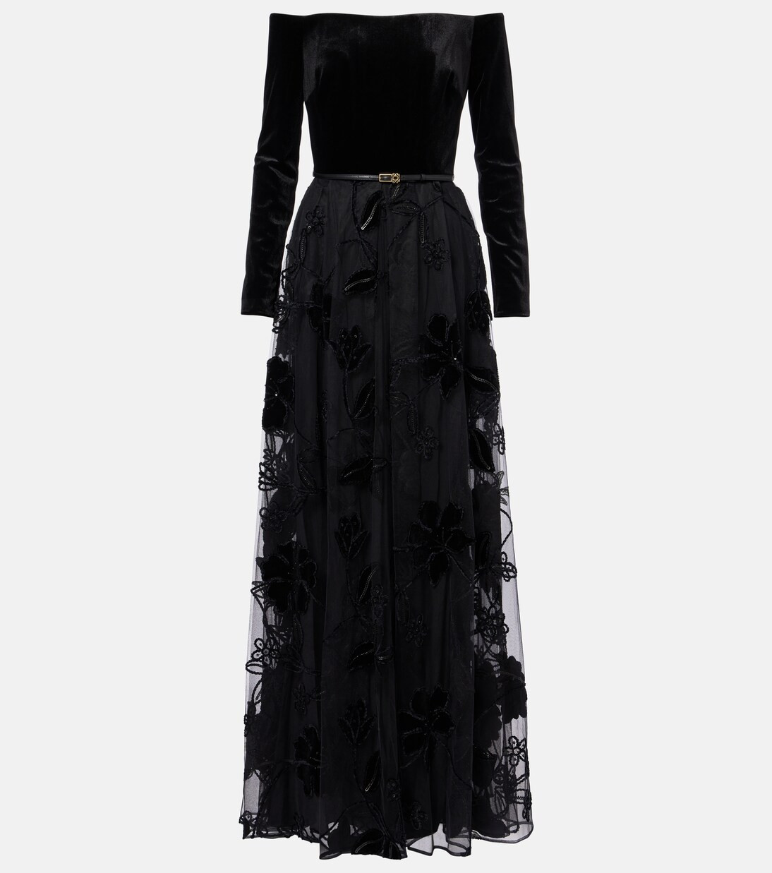 Robe longue brodée en tulle et velours | Mytheresa (FR)