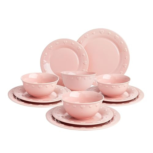Paris Hilton 12-Piece Dinnerware Set, Embossed Hearts. Iconic Ceramic Stoneware Service for 4 with Dinner Plates, Salad Plates, and Bowls, Microwave & Dishwasher Safe, Pink | Amazon (US)
