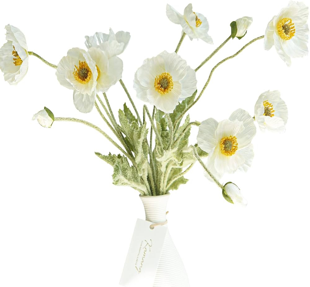 Kamang Artificial Poppy White Silk Flower (3 Stems) for Spring Home Decor and Wedding. Real Touch... | Amazon (US)