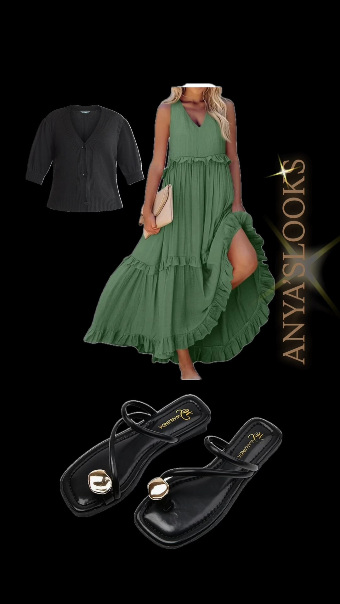 💕Cardigans OX=size 14 in regular and 1X=size 16 in regular sizing 
women’s maxi dress outfit • green tiered maxi dress • black cardigan styling • midsize fashion over 40 • casual summer outfit ideas • transitional outfits for women • feminine style inspiration • flowy maxi dress with cardigan • brunch outfit ideas for women • comfortable chic outfits