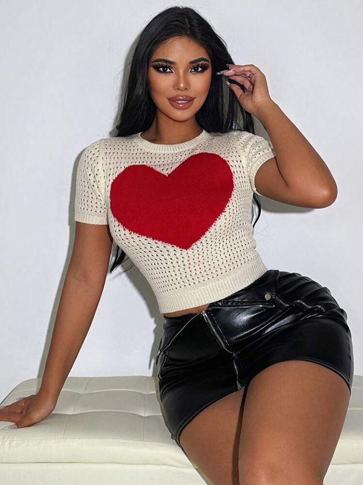 SHEIN Foxxy Women's Short Sleeve Knitted Top With Heart Pattern | SHEIN