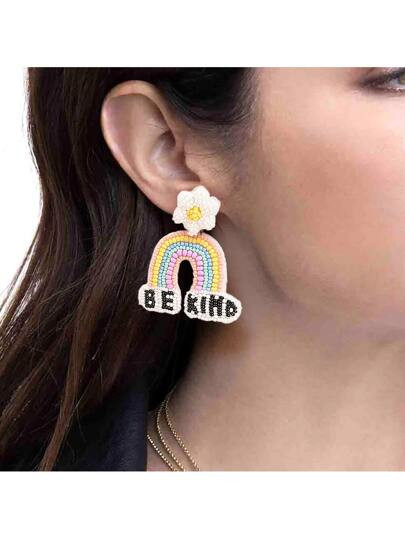 "1pair Rainbow Flower ""be Kind"" Rice Bead Earrings" | SHEIN