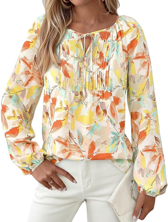 KIRUNDO Boho Tops for Women Going Out Floral Long Sleeve Shirts Dressy Casual Work Blouses Drawst... | Amazon (US)