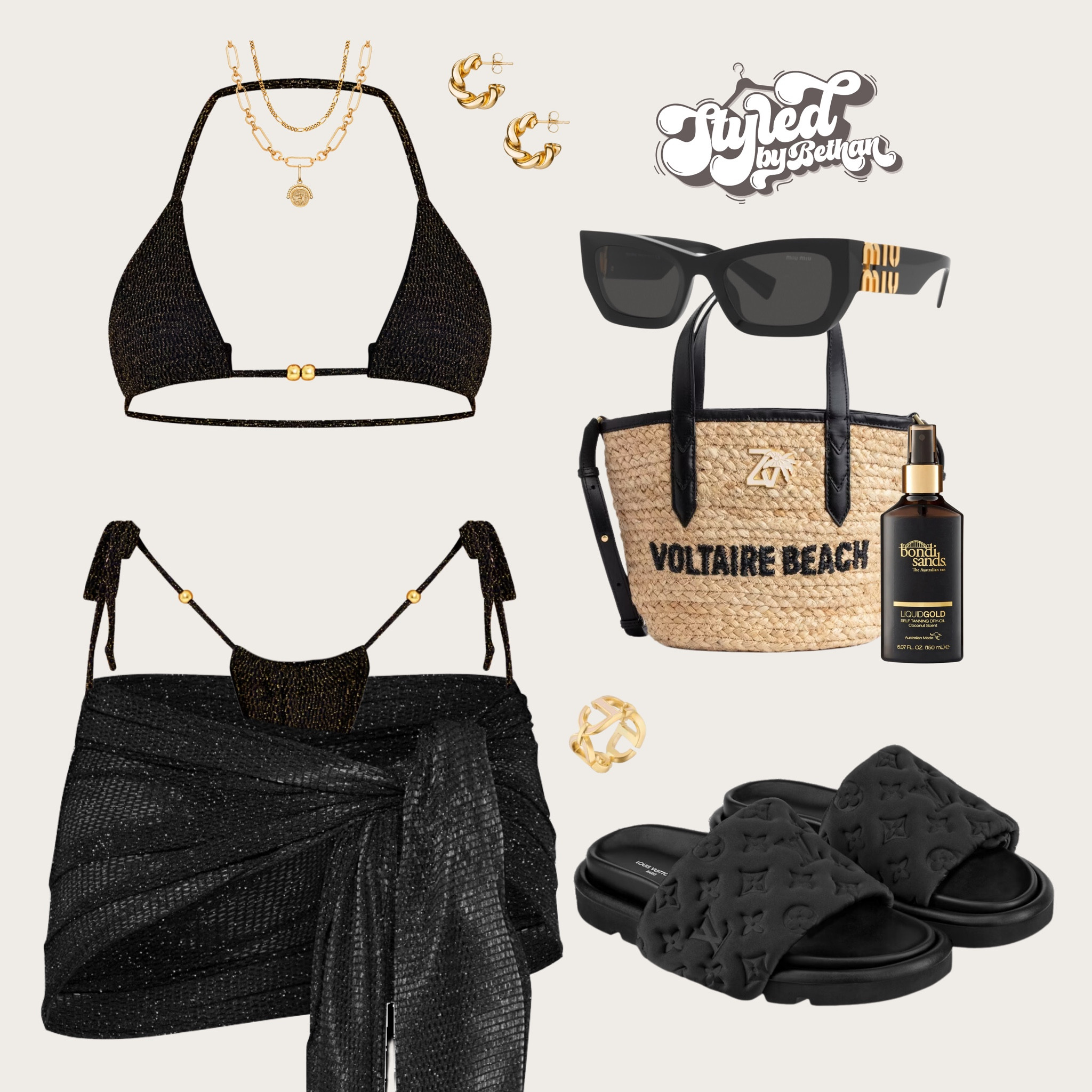 All black 🖤 tags: pretty little thing black glitter bikini and sarong, abbot Lyon gold hoop earrings, abbot Lyon gold layered necklace, Dior gold ring, Louis Vuitton black pillow sliders, zadig and volitaire beach bag, miu miu black sunglasses. Summer vacation holiday beach day beach club pool day pool party Ibiza Marbella outfit inspiration inspo

#LTKstyletip #LTKswimwear #LTKsummer