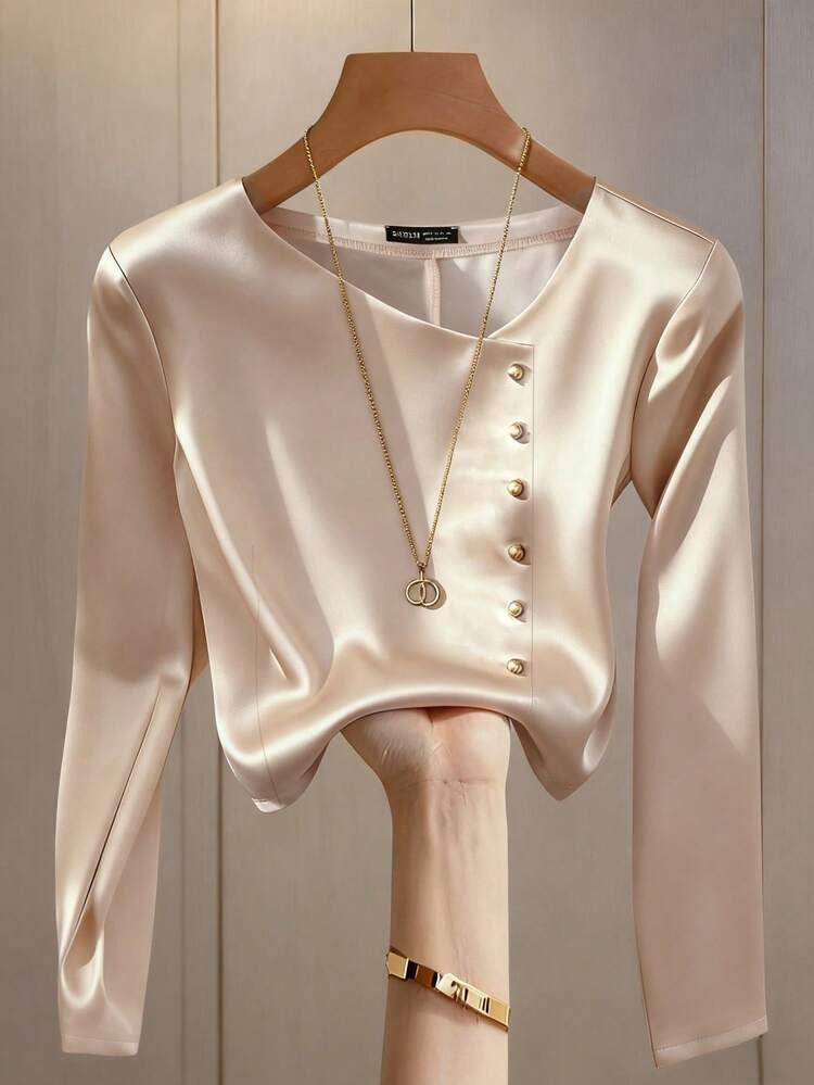 Franclia Women's Apricot-Colored Satin Solid Color Metal Single-Breasted Button Blouse With A Fitted Asymmetrical Slit Hem And Side Zipper, Long Sleeves. Elegant Blouse, Versatile For Everyday Wear | SHEIN