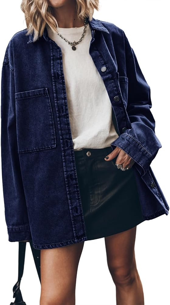 PLNOTME Womens Oversized Jean Jacket Casual Button Up Denim Overshirt Trendy Long Sleeve Denim Ja... | Amazon (US)