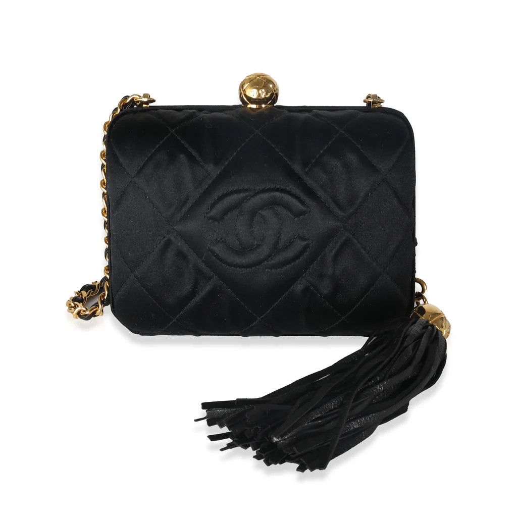 Chanel Black Quilted Satin CC Tassel Box Clutch | Over The Moon