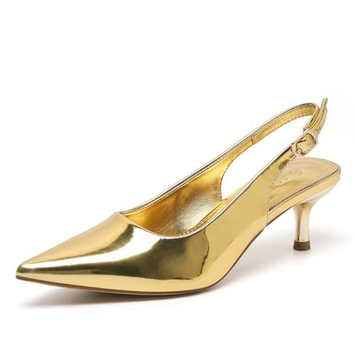 Amoji Women's Closed Pointed Toe Low Kitten Heel Slingback Pump Party Wedding Dress Shoes FZ321 Gold Size 10 women | Amazon (US)