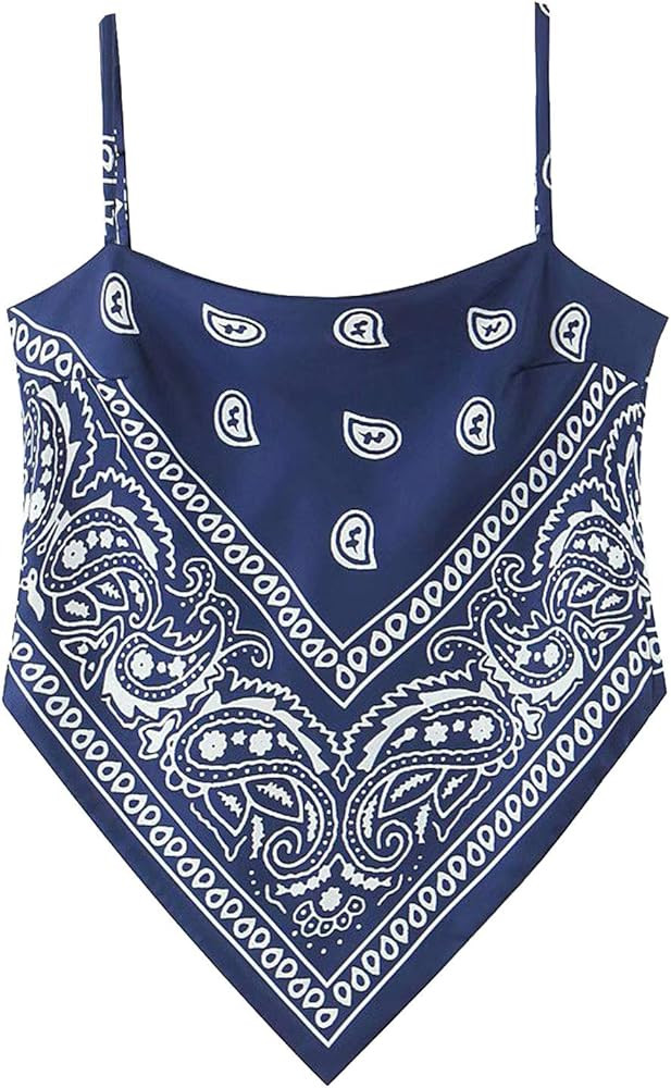 Women's Paisley Print Tie Back French Knot Hanky Hem Spaghetti Straps Handkerchief Cami Bandana T... | Amazon (US)