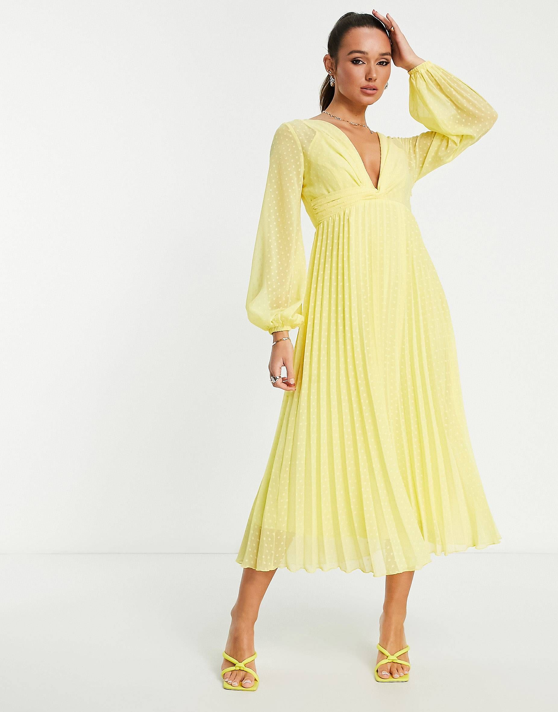 ASOS DESIGN textured twist front pleated midi dress in yellow | ASOS (Global)