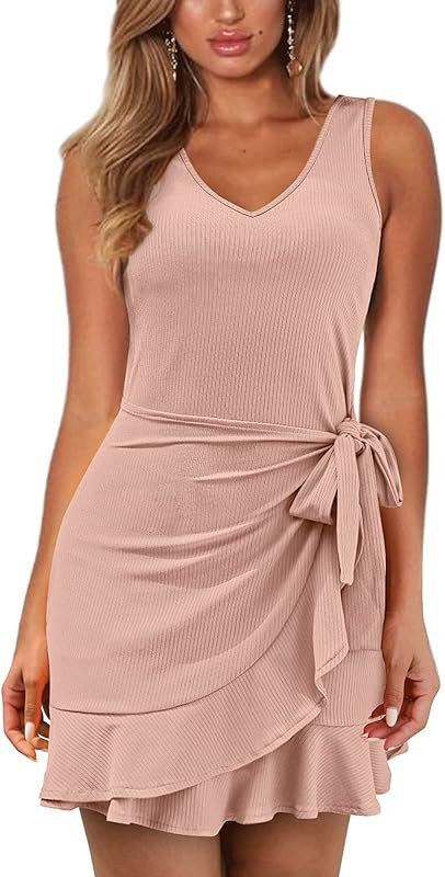XIEERDUO Front Tie Waist with Ruffle Hem Tank Wrap Dress for Women Dressy Casual | Amazon (US)