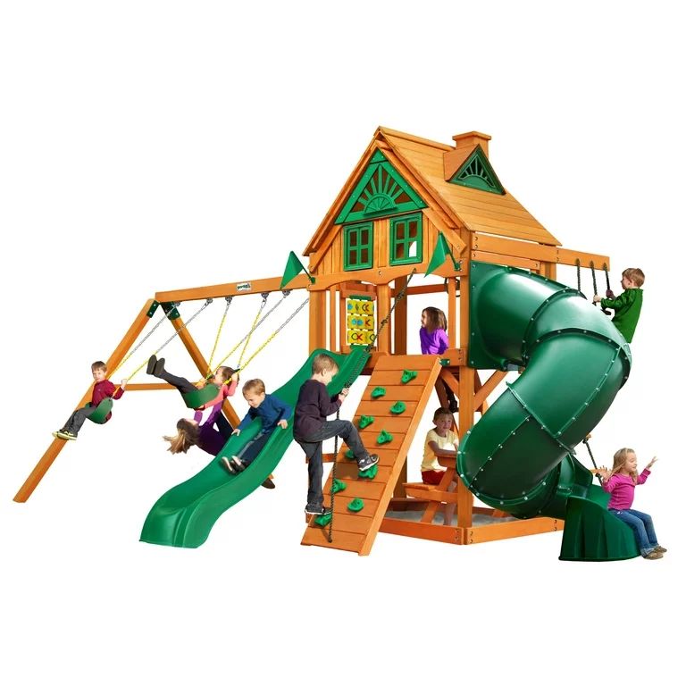 Gorilla Playsets Mountaineer Treehouse Wooden Swing Set with Tube Slide, Rope Ladder, and Sandbox | Walmart (US)