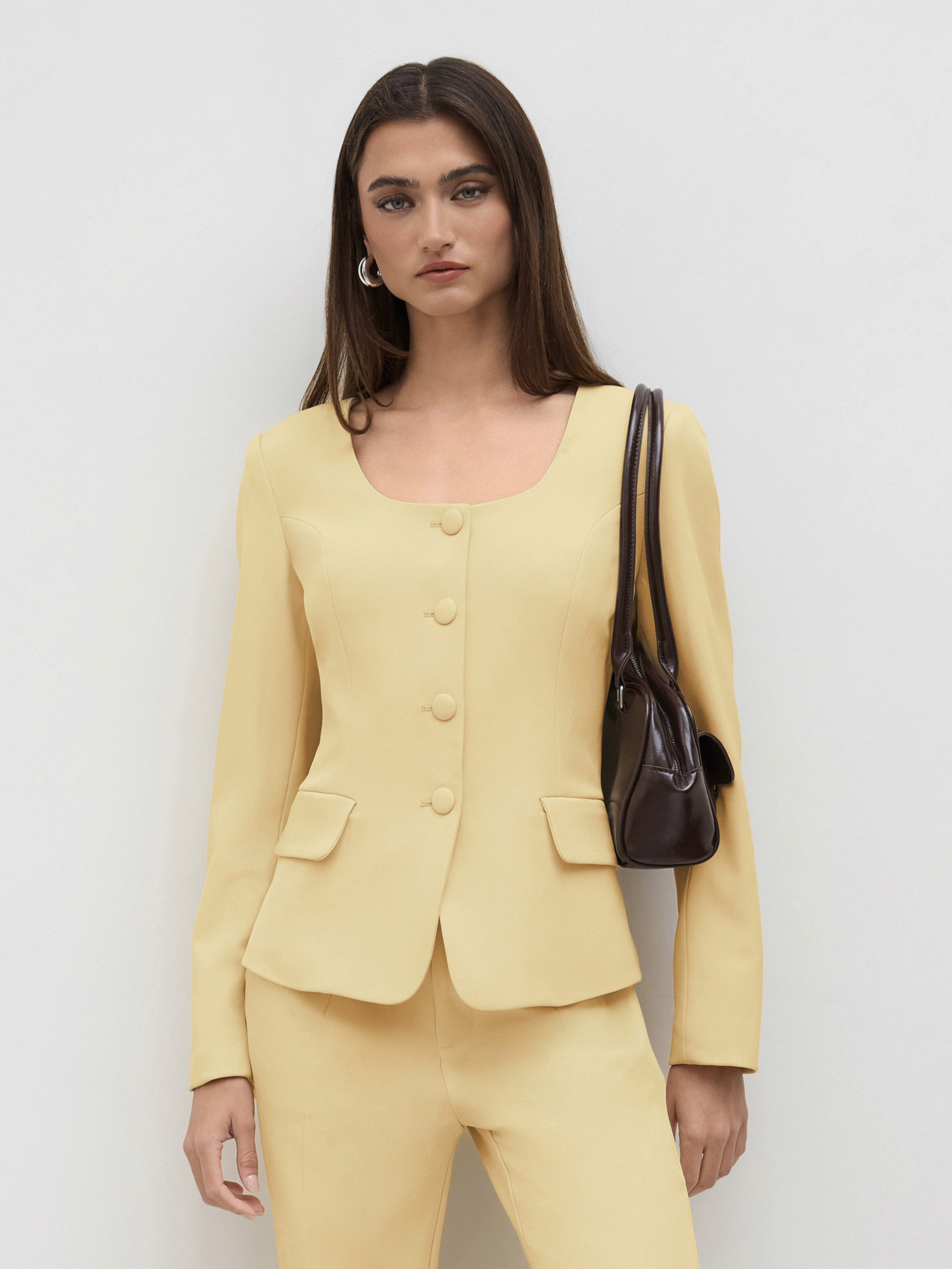 Woven U-neckline Split Long Sleeve Top For Work | Cider