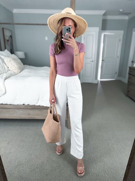 New Amazon seamless crewneck tops! Abercrombie linen pants in XXS short. Shirts are Hip length + double-lined and not see-through! Realer wear.  Vacation outfit. Resort wear. Clear wedges are TTS. Braided tote. Favorite beach hat.

#LTKshoecrush #LTKMostLoved #LTKtravel
