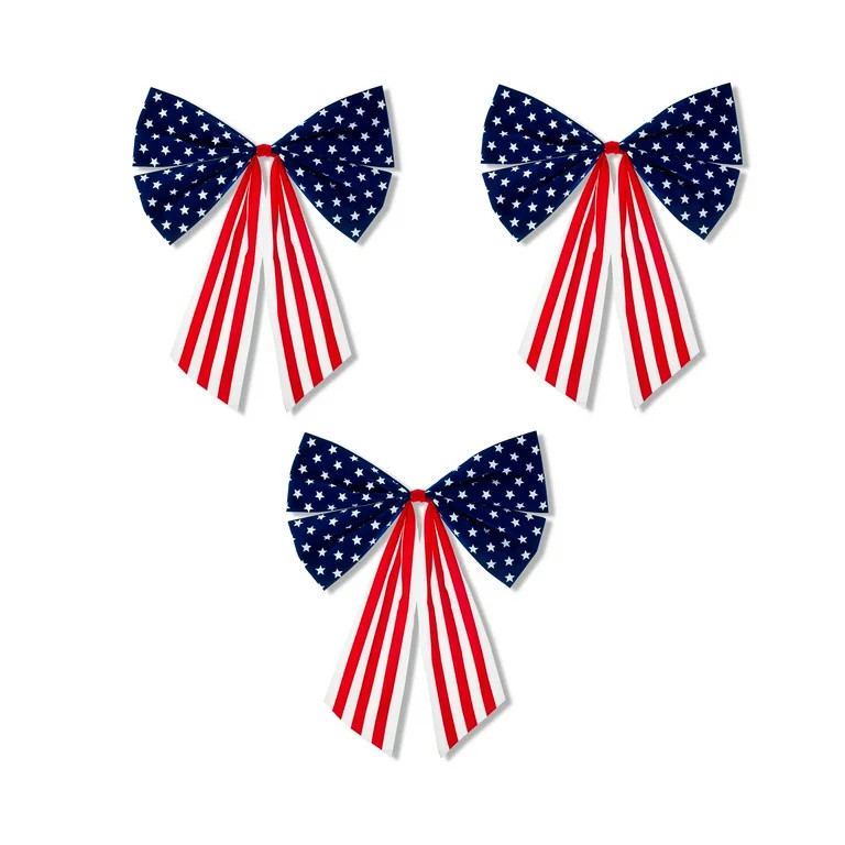 Patriotic Flocked Stars and Stripes Bows, Red/White/Blue, 3 Count, by Way To Celebrate | Walmart (US)