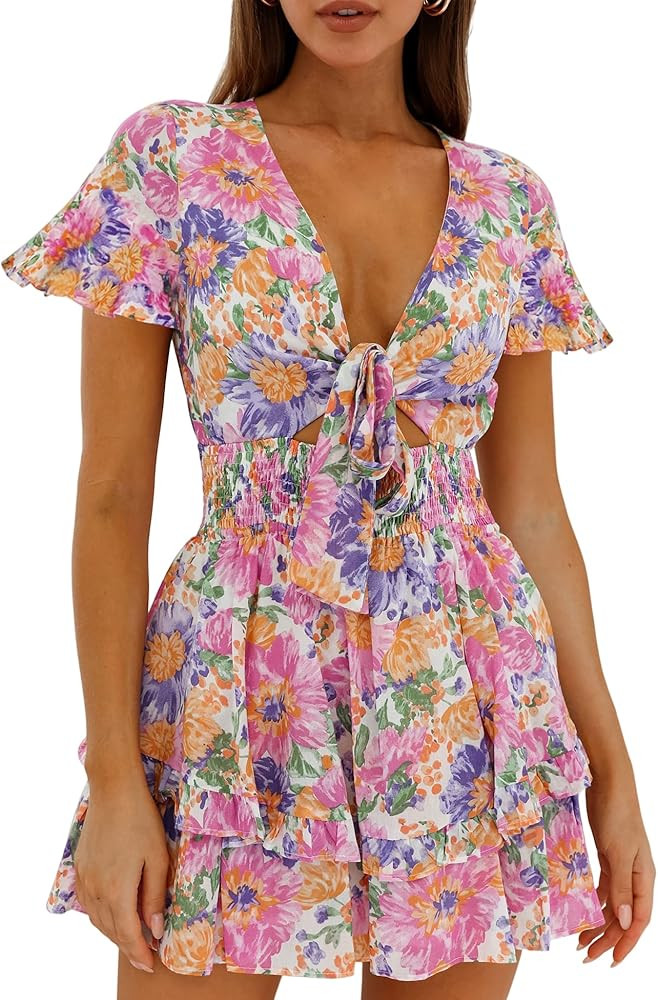 Relipop Women's Summer Floral Dress V Neck Tie Bust Flared Sleeve Elastic Waist Layered Ruffle He... | Amazon (US)