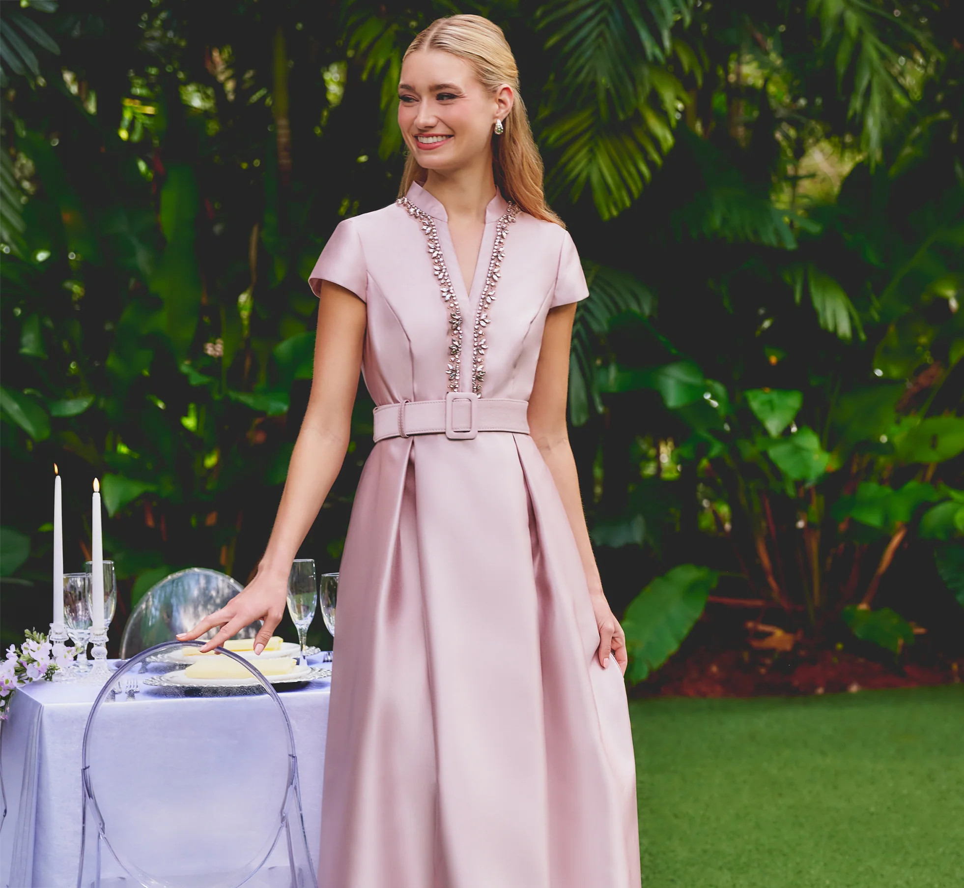 Cap Sleeve Beaded Collar Ballgown In Bellini | Adrianna Papell