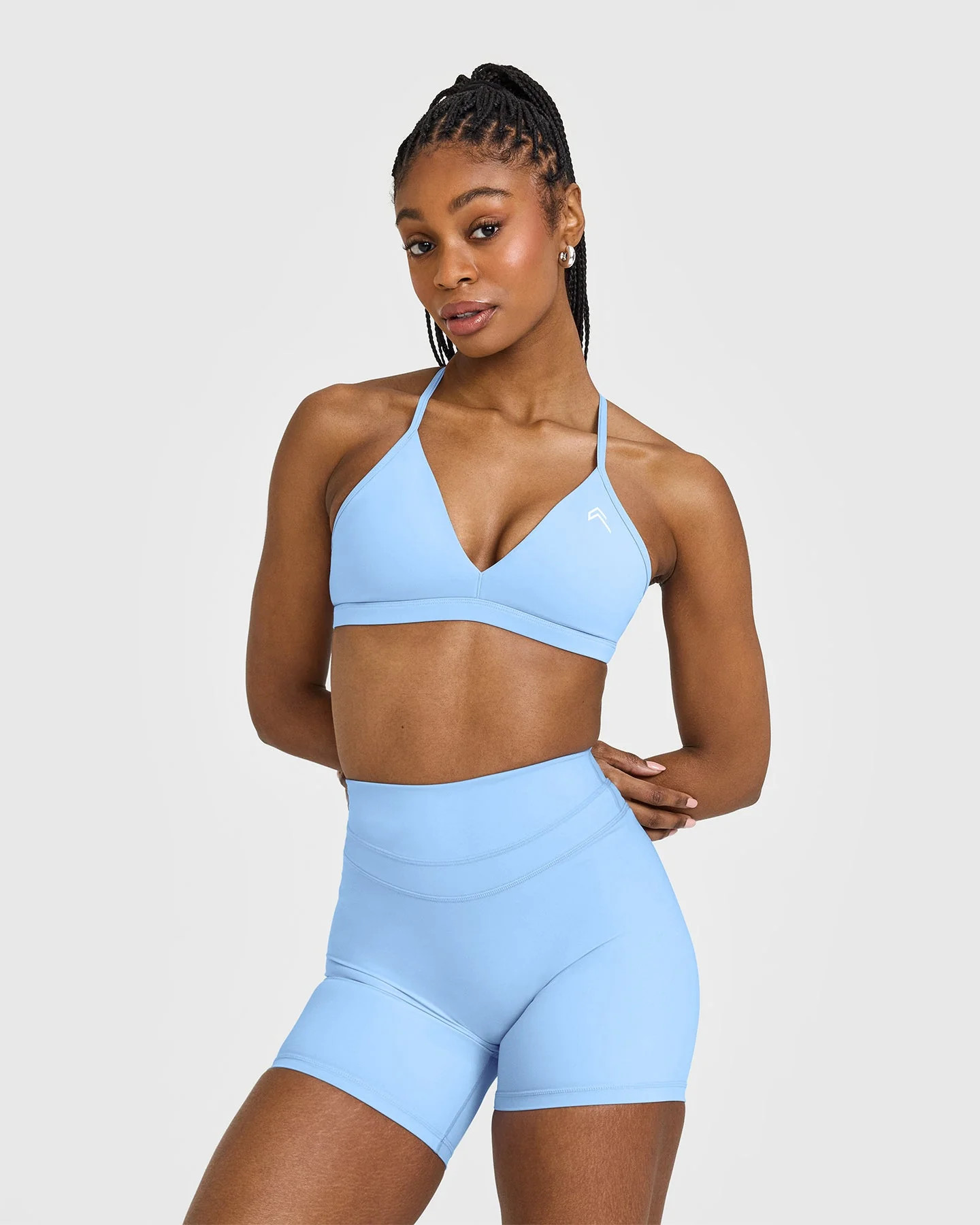 EasyLift™ Ultra Minimal V Neck Bralette with White Logo 
 Powdered Blue | Oner Active (UK / US)